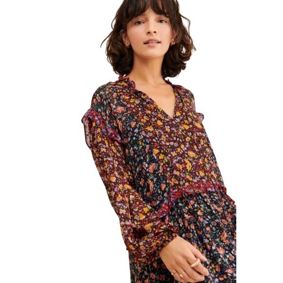 By Anthropologie Helene Black Floral Ruffled Chiffon Semi Sheer Tunic Dress Med. - Picture 5 of 16